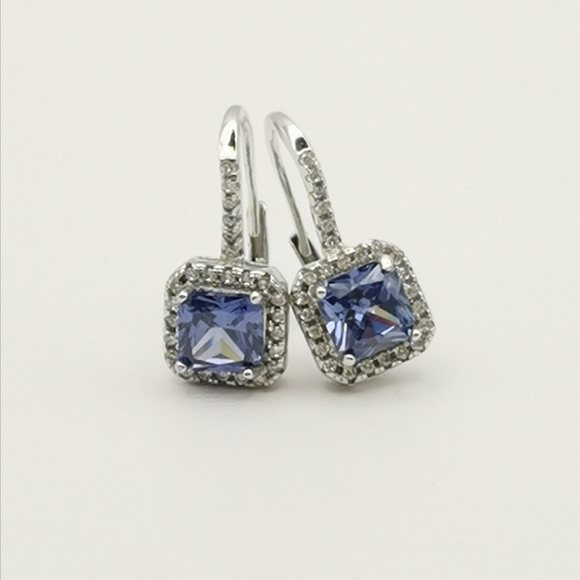 Sterling Silver CZ Sapphire CZ square cut earrings lever backs - Picture 6 of 9